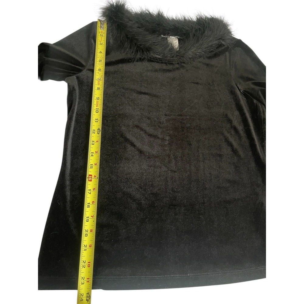 Vintage 90s Black Velvet Long Sleeve Top Fur Feather Trim Vampy Gothic Glam Sz M - Picture 11 of 12